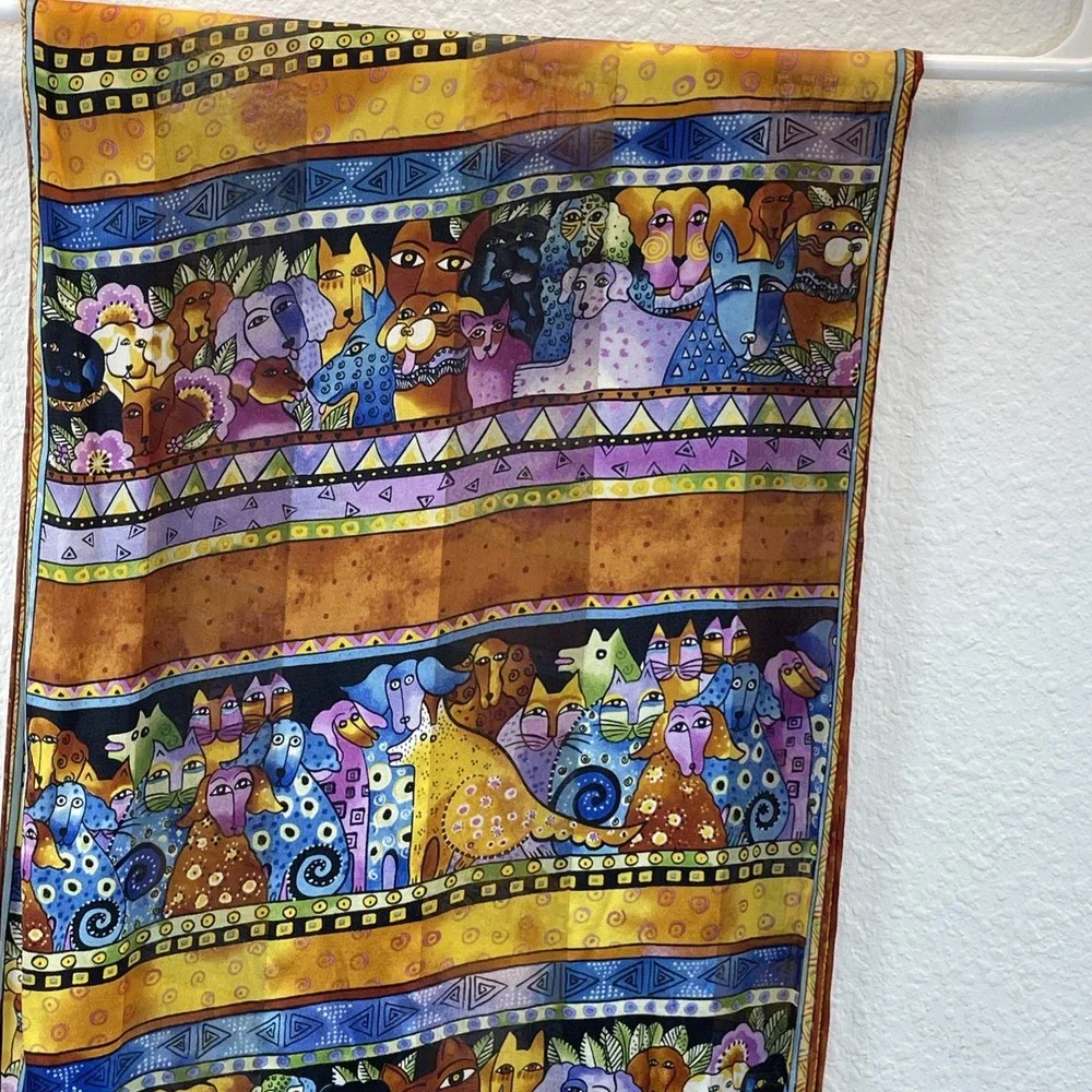 Canines and Felines Laurel Buch silk scraf Fringed Cat Dog lightweight Orange